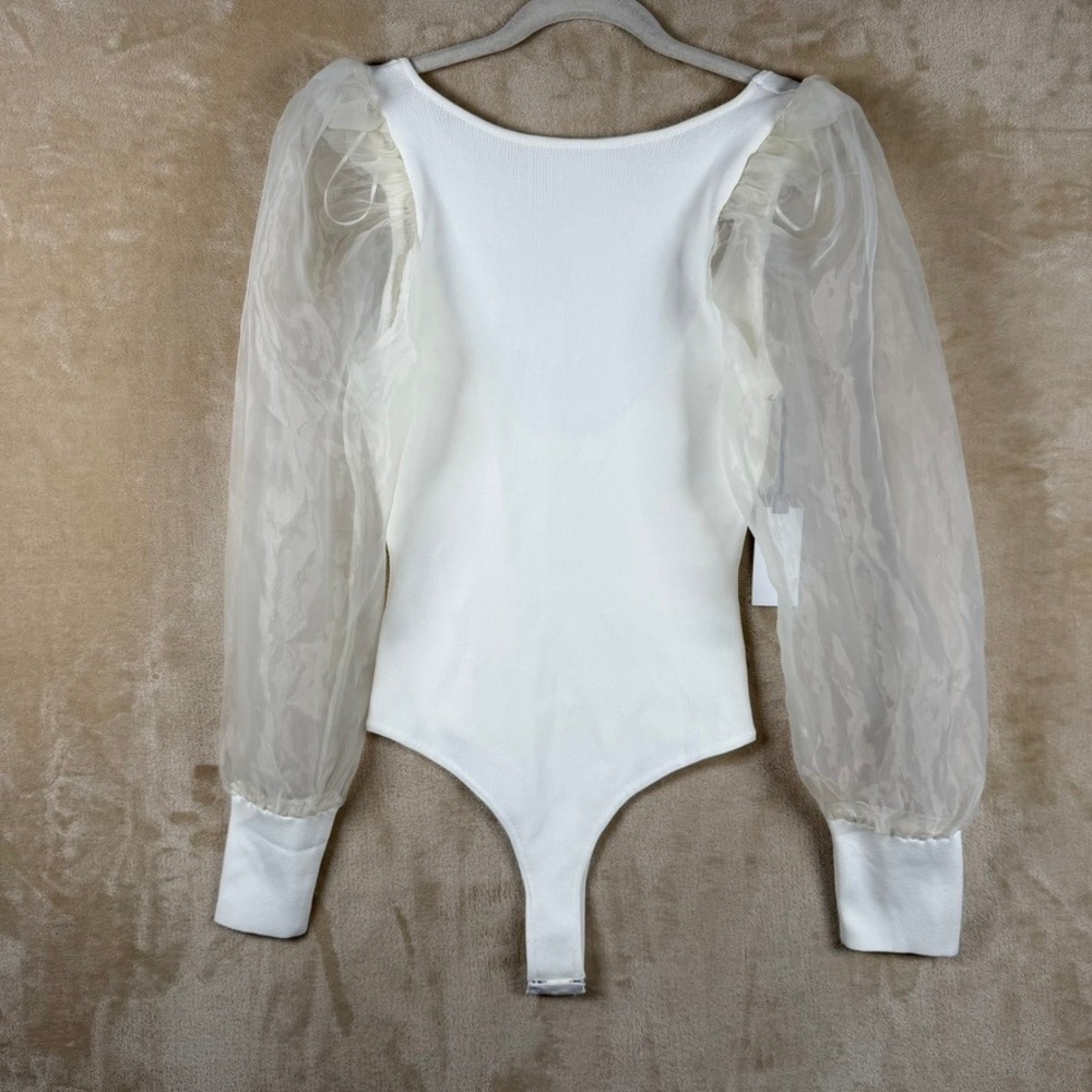 ASTR The Label Cream Ribbed Knit Sheer Organza Puff Sleeve Bodysuit AT16995 M